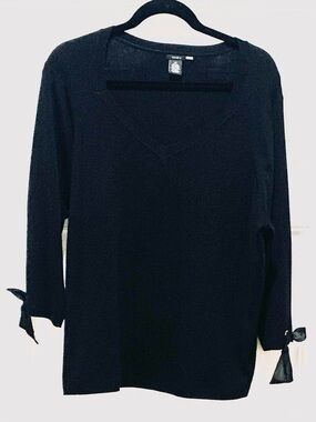 Sandra Tunic Top Black Silk Blend Deep V-Neck with Ribbon Ties 3/4 Sleeves 2X
